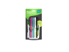 SILICONE COCKTAIL STRAWS 5CT WITH BRUSH ASST.COLORS